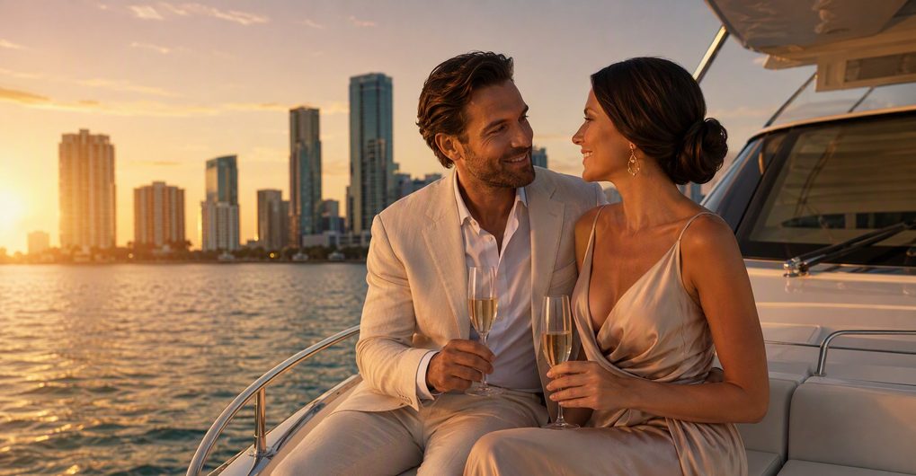 Elegant couple enjoying champagne on a yacht at sunset with the Miami skyline behind them