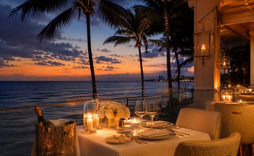 Candlelit oceanfront dinner table for two at a luxury Miami restaurant terrace at dusk