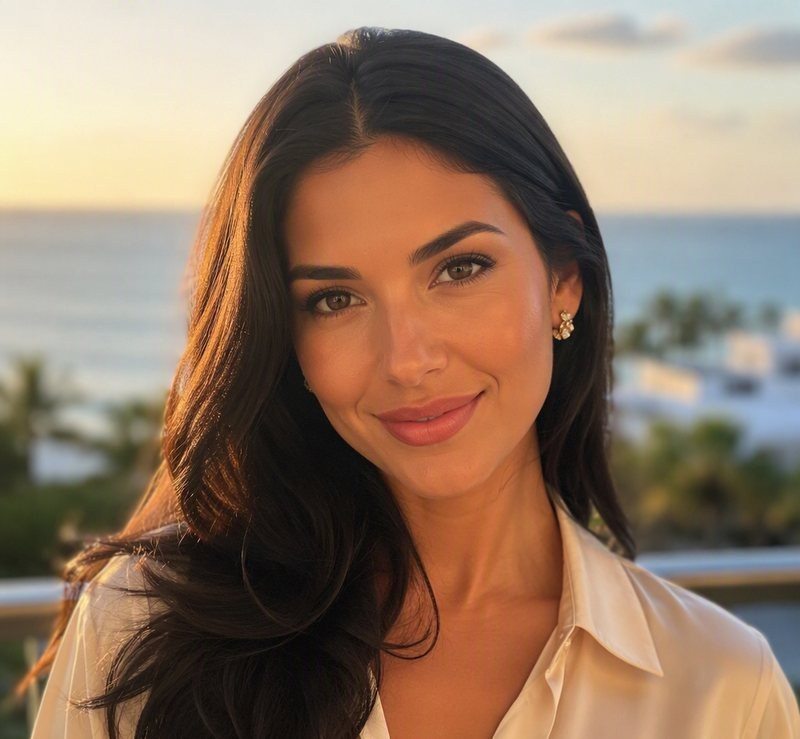 Isabella, verified sugar baby member in Miami Beach, smiling on a terrace overlooking the ocean
